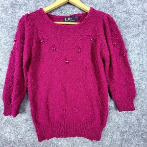 Vintage Leroy Knitwear Sweater Womens Small Pink Beaded 3D Cherries Grandma Chic